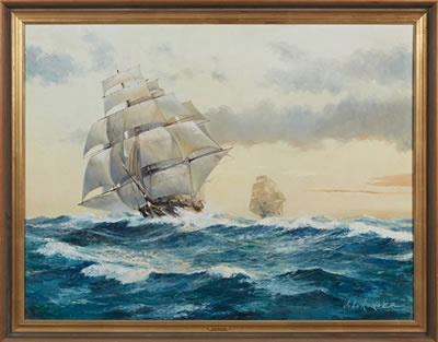 "Two Clipper Ships in Rough Seas"