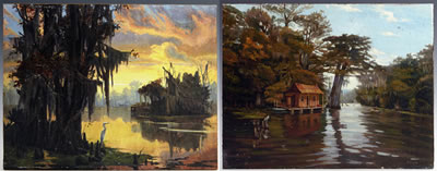Swamp Scene with Cabin," and "Sunrise Swamp Cabin," (2)