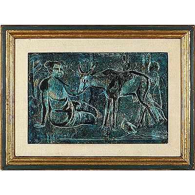 "Woman sitting with an animal"