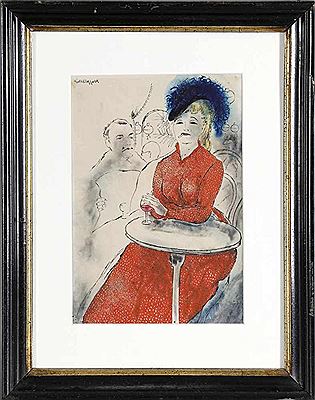 Kaffeehausszene-Dame im roten Kleid