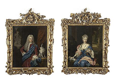 Portrait d’homme avec son chien; Portrait de femme aux fleurs dans un parc (2)