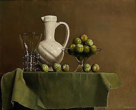 "Dish of greengages with white jug and glass on green cloth by Willem Dolphin - Auction record, sale price, and art valuation. Compare with similar artists and explore comparable artworks.
