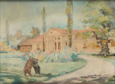 Bears in the front of manor house