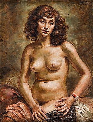 Seated nude. Girl with fan and bracelet