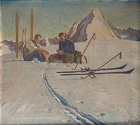 Resting skiers by Alexander Drobik - Auction record, sale price, and art valuation. Compare with similar artists and explore comparable artworks.