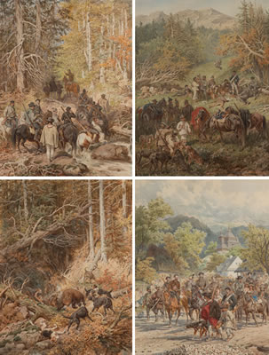 Cycle of four watercolors: "Bear Hunt” ("Bear Hunt in Uzok”) (4) by Juliusz Fortunat Kossak - Auction record, sale price, and art valuation. Compare with similar artists and explore comparable artworks.
