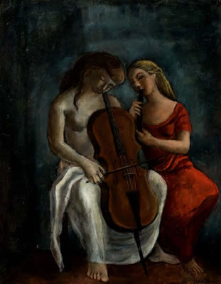 Cellos (and untitled portrait of Mother and Child on reverse)