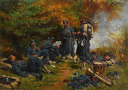 "Halte d'infanterie" by Auguste Bachelin - Auction record, sale price, and art valuation. Compare with similar artists and explore comparable artworks.