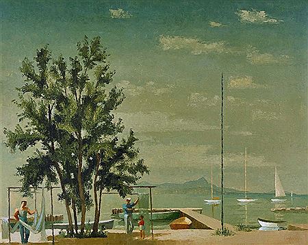 Sonnige Uferlandschaft mit Fischern und Netzen