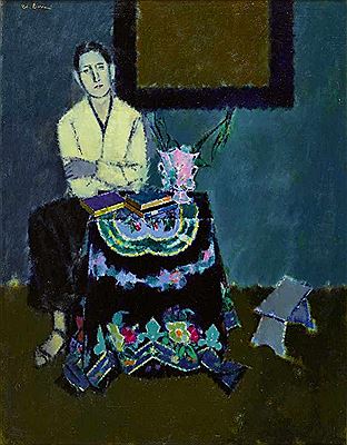 Interieur mit sitzender Frau