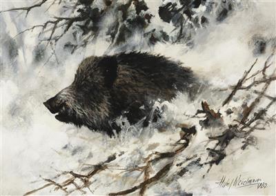Eber in Winterlandschaft