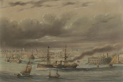 View of New York Harbor with Castle Garden by Louis Le Breton - Auction record, sale price, and art valuation. Compare with similar artists and explore comparable artworks.