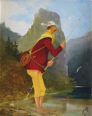 Zwei Bilder: a) Der Angler b) Der Wanderer nach der Jause