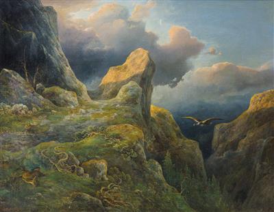 Ankommender Bartgeier in abendlicher heroischer Gebirgslandschaft mit verunglückter Gemse