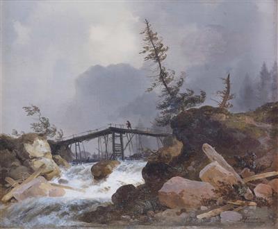 Wildbach mit Bergbauer auf Holzbrücke bei aufkommendem Gewitter by Theodor Verhas - Auction record, sale price, and art valuation. Compare with similar artists and explore comparable artworks.