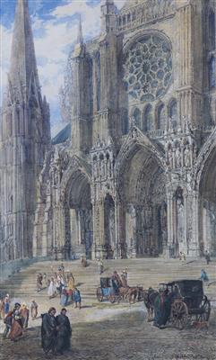 Die gotische Südfassade der Kathedrale von Chartres, im Vordergrund zwei Kutschen, Geistliche und Passanten by John Burgess - Auction record, sale price, and art valuation. Compare with similar artists and explore comparable artworks.