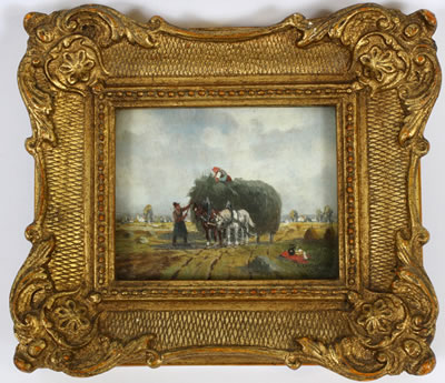 FARM SCENE WITH FARMERS AND HAY WAGON