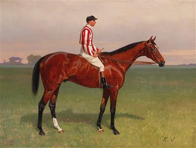 Bildnis eines Jockeys auf seinem Pferd by Karl Volkers - Auction record, sale price, and art valuation. Compare with similar artists and explore comparable artworks.