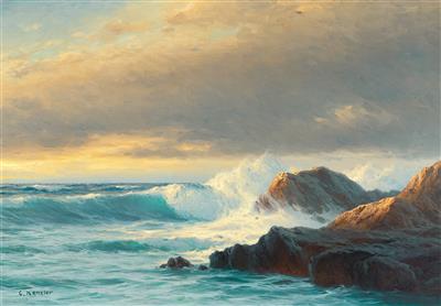 Brandung an der Küste bei Sonnenuntergang