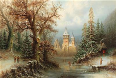 Romantische Winterlandschaft mit Eisläufern vor einem Schloss by Albert Bredow - Auction record, sale price, and art valuation. Compare with similar artists and explore comparable artworks.