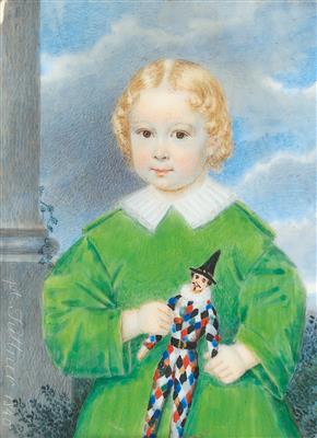 A portrait of a boy in a green dress, holding a figue of Punch (Kasperl) by Patritius Kittner - Auction record, sale price, and art valuation. Compare with similar artists and explore comparable artworks.