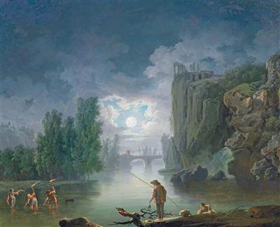 A moonlit river landscape with fishermen working by torchlight, the Temple of Vesta in the right background