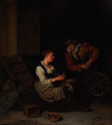 A suitor with a woman at a spinning wheel