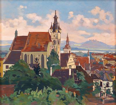 Blick über die Piaristenkirche in Krems auf die Donau und Göttweig