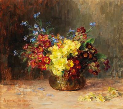 Primroses and Forget-me-nots in a Glass Vase by Johanna Destouches - Auction record, sale price, and art valuation. Compare with similar artists and explore comparable artworks.