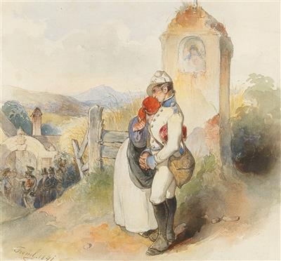Abschied: ein Rekrut des k. k. Deutschen Infanterieregiments Nr. 3 (oder 49) mit seinen Liebsten vor einem Muttergottesmarterl