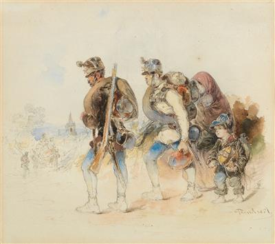 Hohlweg mit Soldaten, gefolgt von einer Frau mit ihrem Kind, vorne weg ein Leiterwagen by Johann Friedrich Treml - Auction record, sale price, and art valuation. Compare with similar artists and explore comparable artworks.