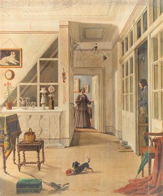 Biedermeierinterieur mit Veranda, spielendem Hündchen und Personenstaffage