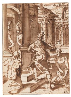 Alttestamentarische Szene in einem Palast, wohl Illustration zum "Buch der Esther" by Giovanni Guerra - Auction record, sale price, and art valuation. Compare with similar artists and explore comparable artworks.