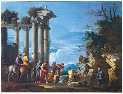 Figures by a ruined temple with Pythagoras appearing from the cavern