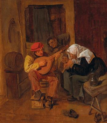 An interior with peasants making music