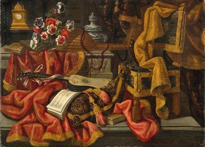 A clock, a vase of flowers, a lute, a guitar, a sheet of music, a chair, and drapes