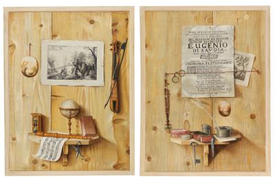 A pair of Trompe l’oeil paintings, one with an engraving, a globe and musical instruments, the other with a rosary, spectacles and an ink stand
