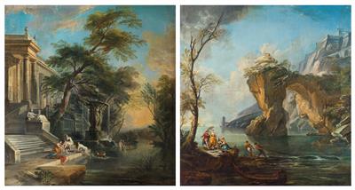 A rocky coastal landscape with an elegant company and fishermen; and Women bathing in a river before classical buildings