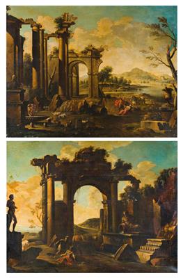 Pair of architectural capricci with ruins and scenes from Gerusalemme Liberata (?)
