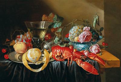 A still life with fruit and a boiled lobster