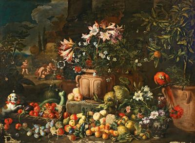 Still life of flowers with fruits, putti and animals