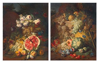 A watermelon, peaches, plums and grapes with roses in a landscape; and Apples, melons, figs, grapes and cherries with a bas-relief in a landscape
