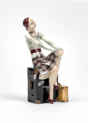 A young lady with a small hat sitting on two suitcases, designed c. 1935