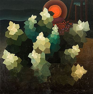 Composition avec arbres et soleil rouge