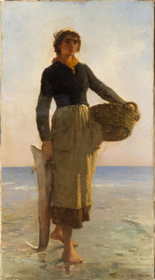Full-length portrait of a fisherwoman standing onshore with a sturgeon in her right hand and a basket in her left hand