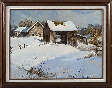 Winter scene with barn