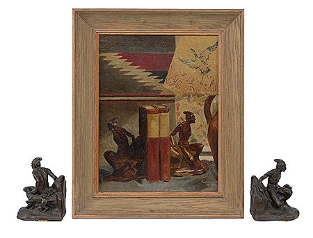 American Native-themed still life of American Native-form bookends and a Navajo rug backdrop