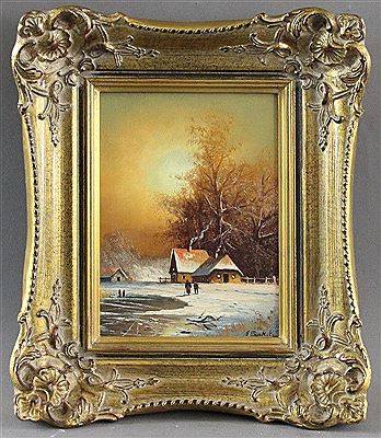 "Winterlandschaft mit Personen unter rotem Abendhimmel"