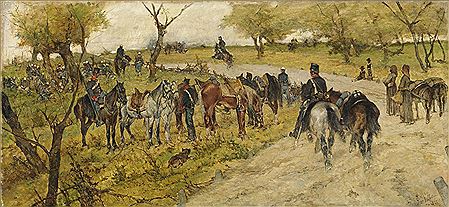 Bivacco di militari e cavalli (Alle manovre), 1895