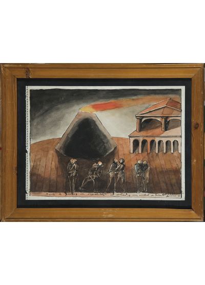 Baile de parejas de esqueletos, un volcán y una ciudad de teatro de marionetas. 1986